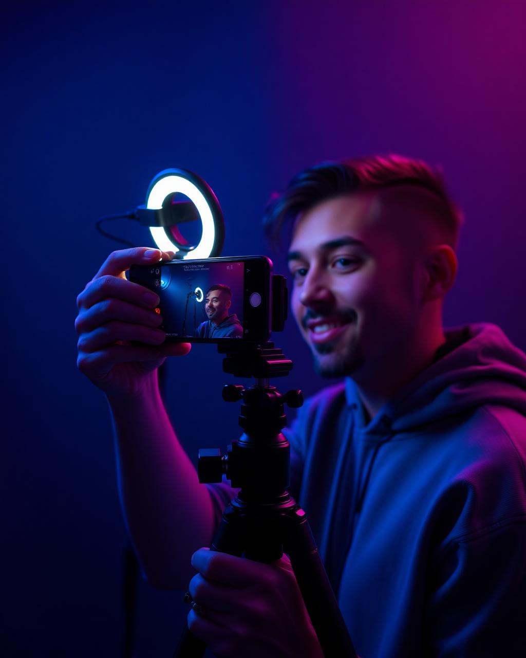 Creator filming content with a phone and ring light
